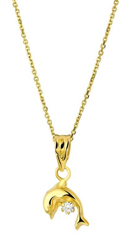 14Karaat geelgouden kinderketting dolfijn zirkonia