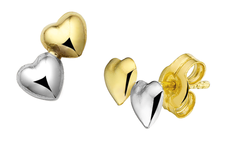 Zweifarbige Ohrringe, 585 Gold, Doppel-Herz