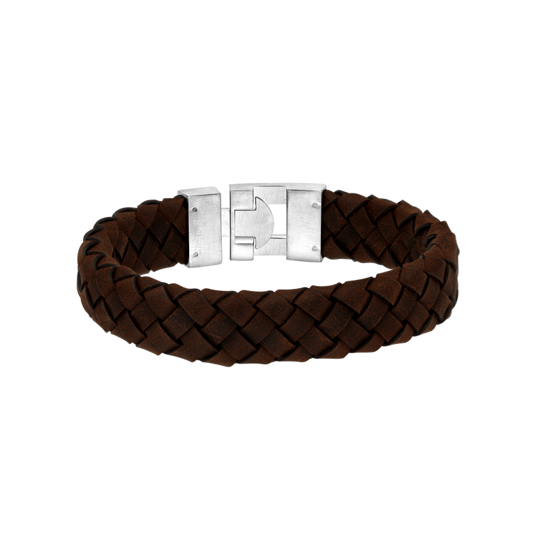 Stalen herenarmband gevlochten leer donkerbruin