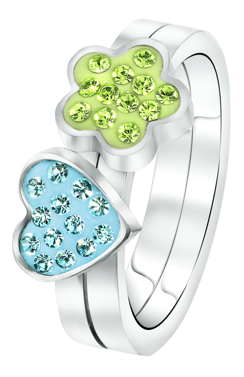 Stainless steel kinderring hart/bloem aqua&groen kristal