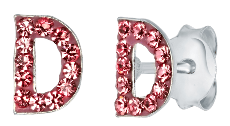 Zilveren kinderoorbellen initialen roze kristal