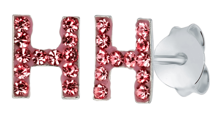 Zilveren kinderoorbellen initialen roze kristal