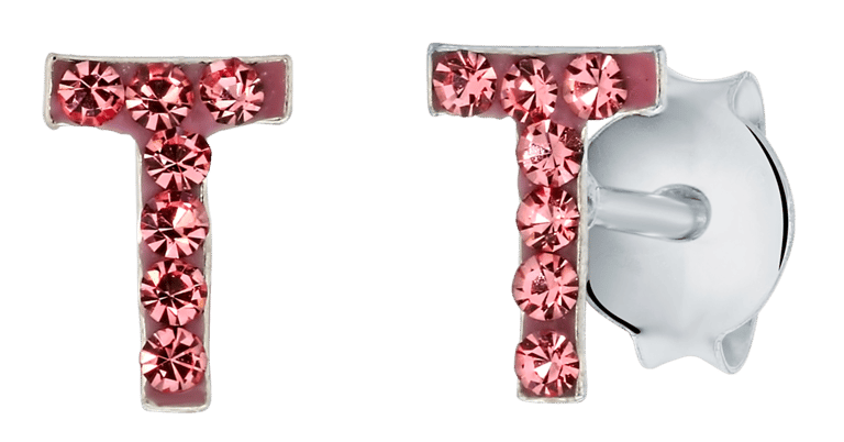 Zilveren kinderoorbellen initialen roze kristal
