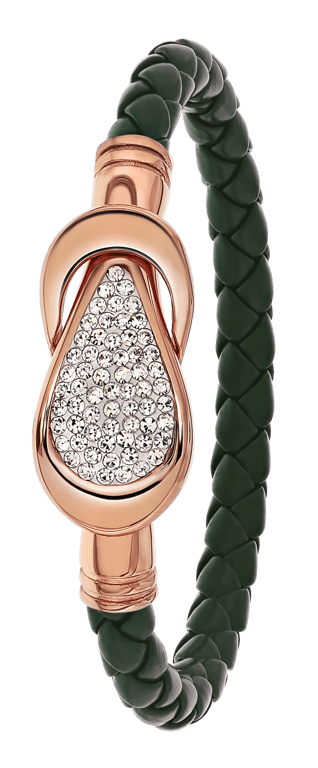 Gerecycleerd stalen armband leer donker groen/rose kristal