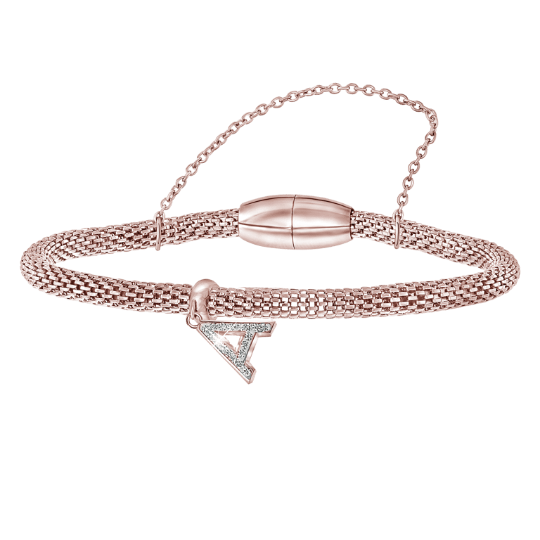 Gerecycleerd stalen armband mesh roseplated letter met kristal