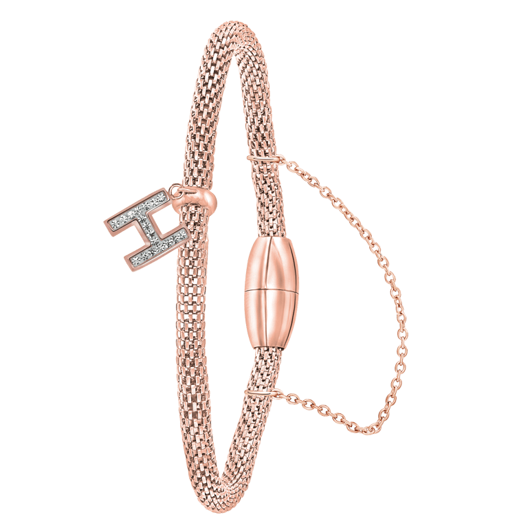 Gerecycleerd stalen armband mesh roseplated letter met kristal