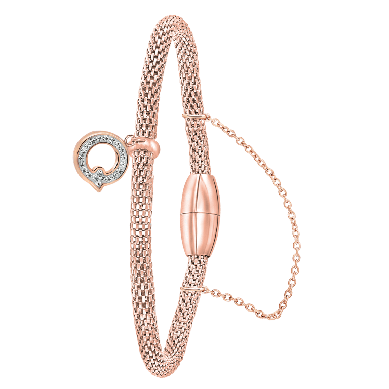 Gerecycleerd stainless steel armband mesh roseplated letter met kristal