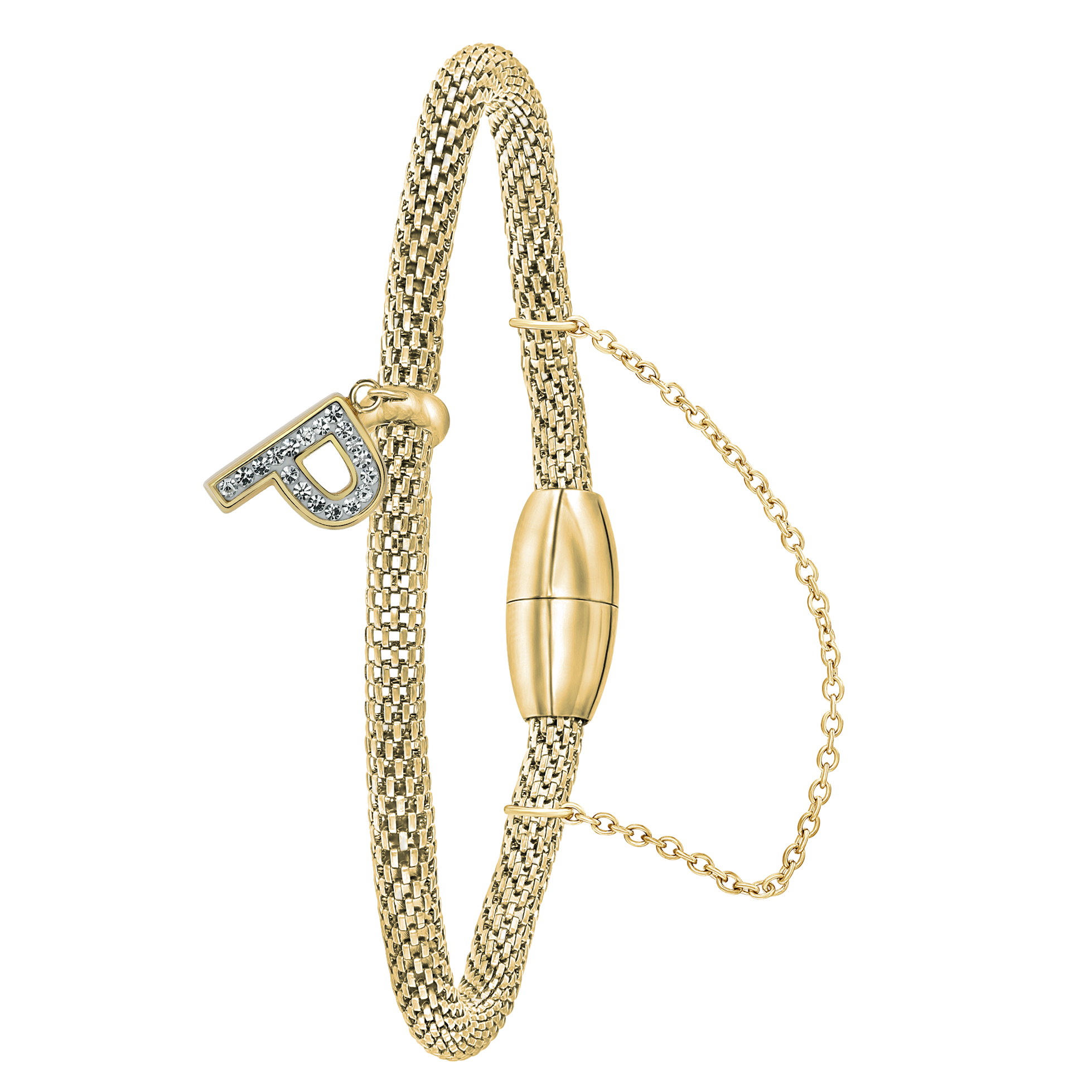 Stalen goldplated fantasiearmband met letterhanger en kristal voor dames