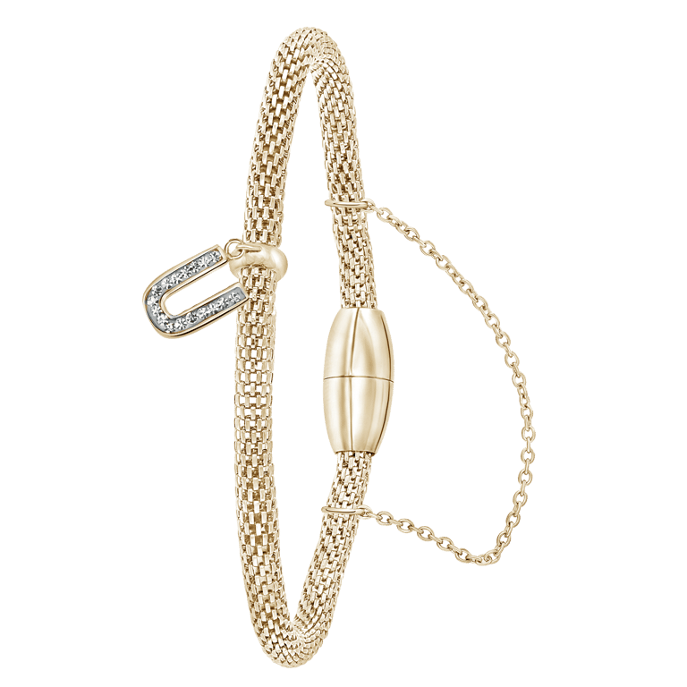 Gerecycleerd stainless steel armband mesh goldplated letter met kristal