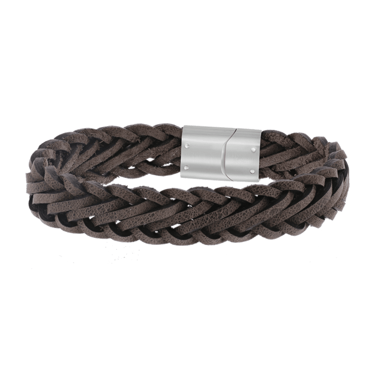 Stainless steel herenarmband gevlochten leer bruin/grijs