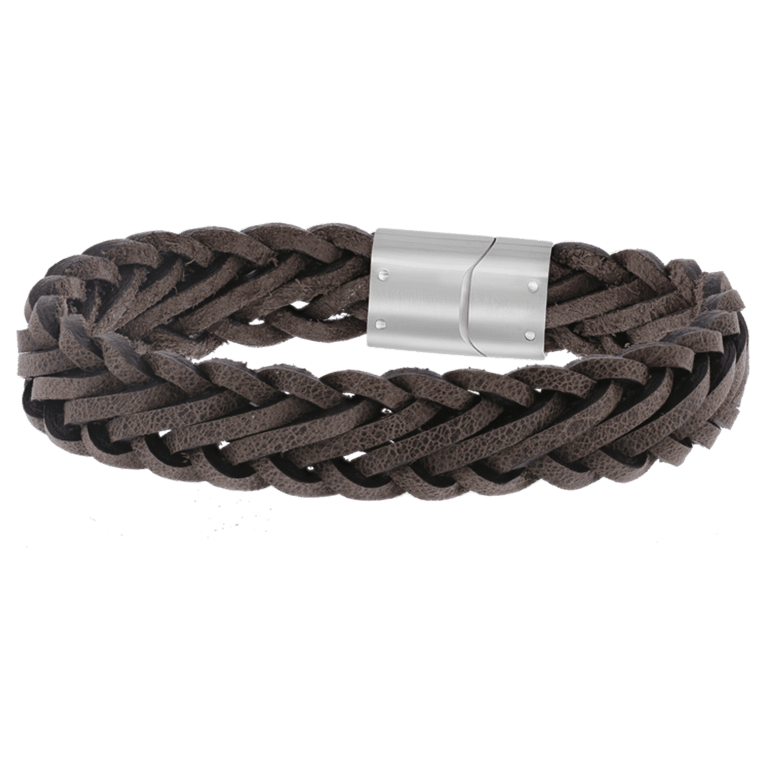 Stalen herenarmband gevlochten leer bruin/grijs