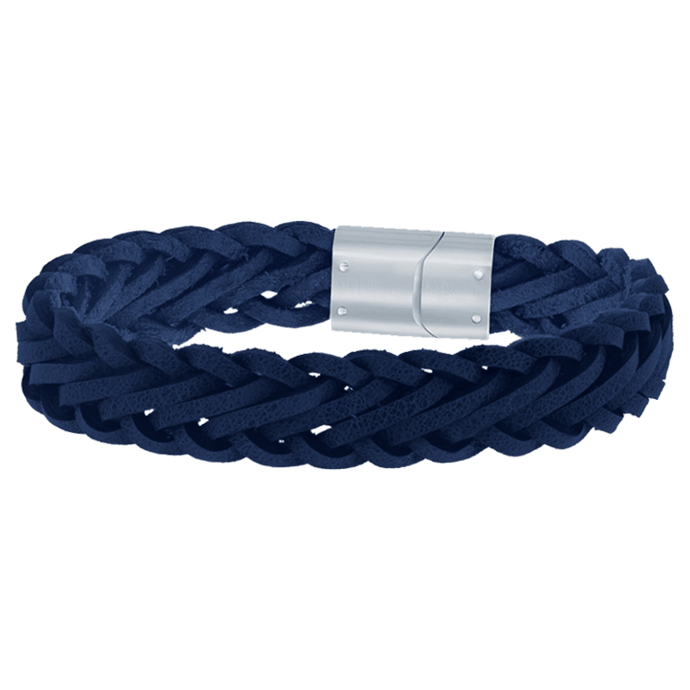 Stainless steel herenarmband gevlochten leer donkerblauw