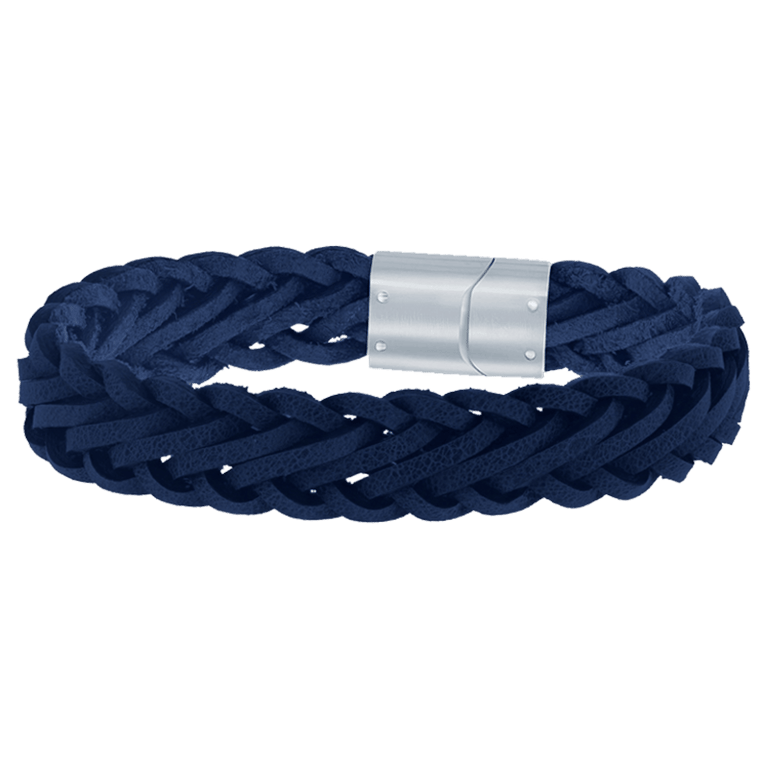 Stalen herenarmband gevlochten leer donkerblauw