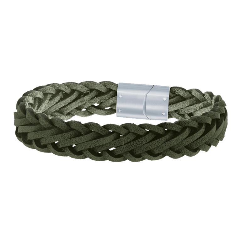 Stainless steel herenarmband gevlochten leer donkergroen