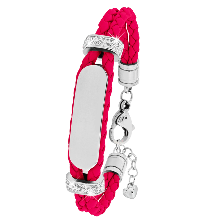 Plattenarmband für Kinder aus Edelstahl und Leder mit hellrosa Kristall