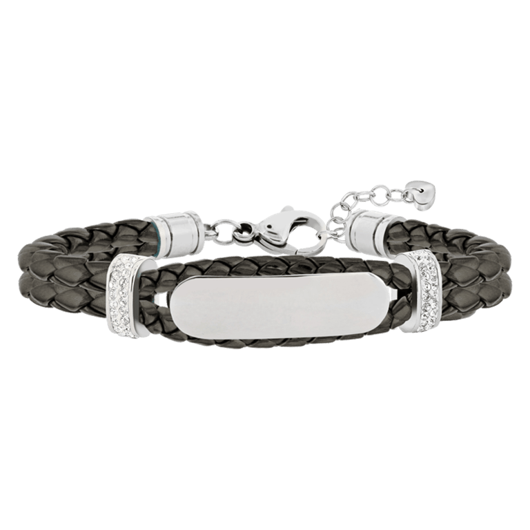 Edelstahl-Plattenarmband, Leder, grau mit Kristall