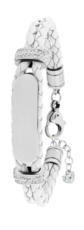 Edelstahl-Plattenarmband mit Leder und weißem Kristall
