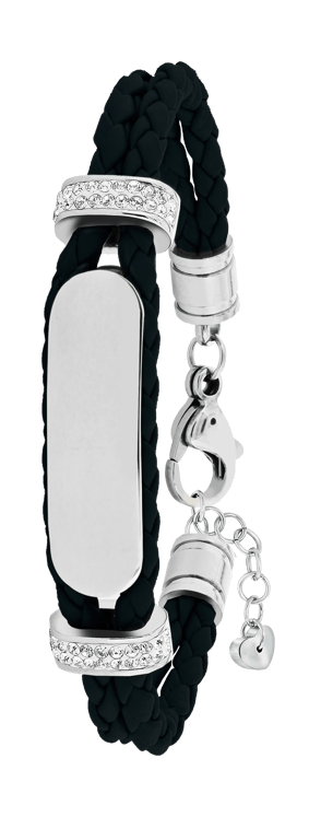 Edelstahl-Plattenarmband mit schwarzem Leder und Kristall