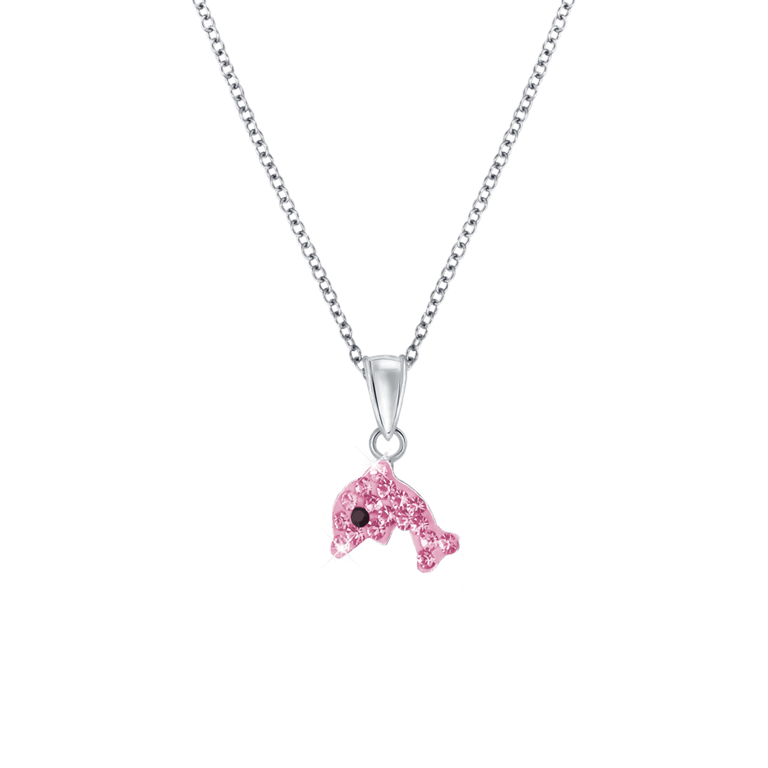 Zilveren kinderketting dolfijn light rose kristal