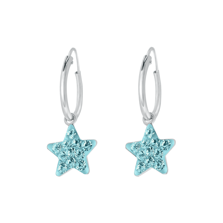 Zilveren kinderoorbellen ster met aqua kristal