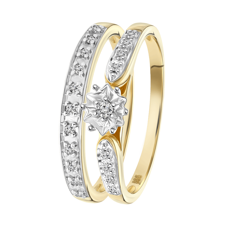 14 karaat geelgouden dubbele ring 20 diamanten 0,10ct