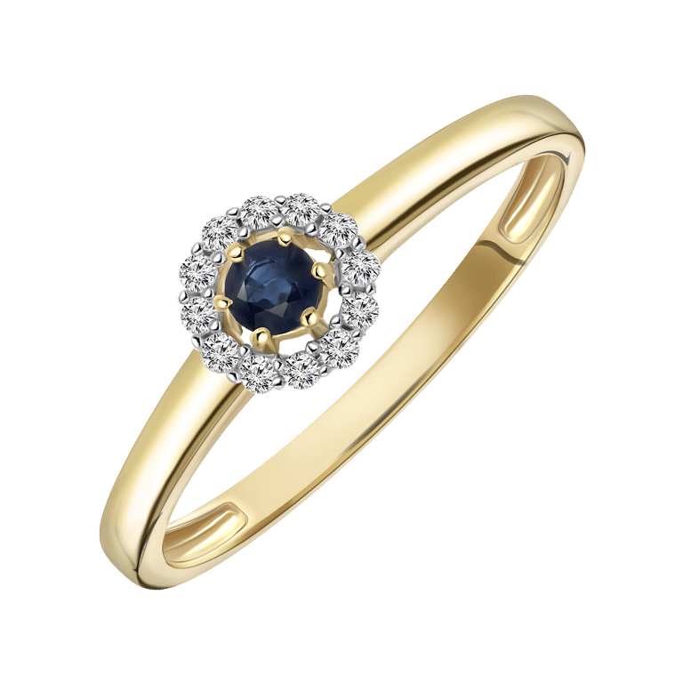 14 karaat geelgouden ring saffier en 12 diamanten 0,08ct