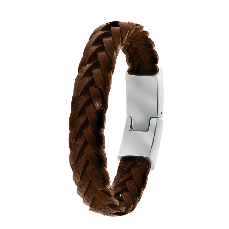 Stalen herenarmband gevlochten leer bruin