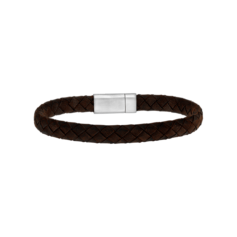 Stalen herenarmband gevlochten leer donker bruin