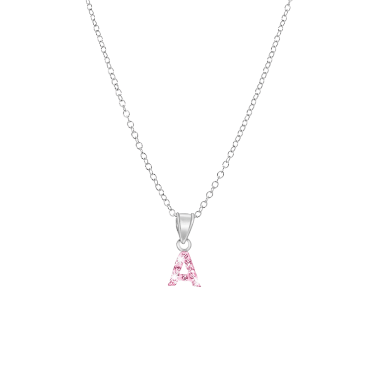 Zilveren kinderketting initialen met roze kristal