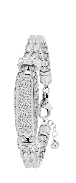 Plattenarmband für Kinder aus Edelstahl und Leder, silber mit Kristall