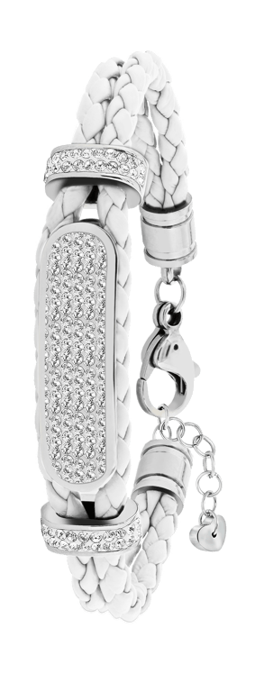 Edelstahl-Plattenarmband mit Leder und weißem Kristall