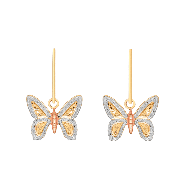 Dreifarbige 375 Gold Ohrringe mit Schmetterling
