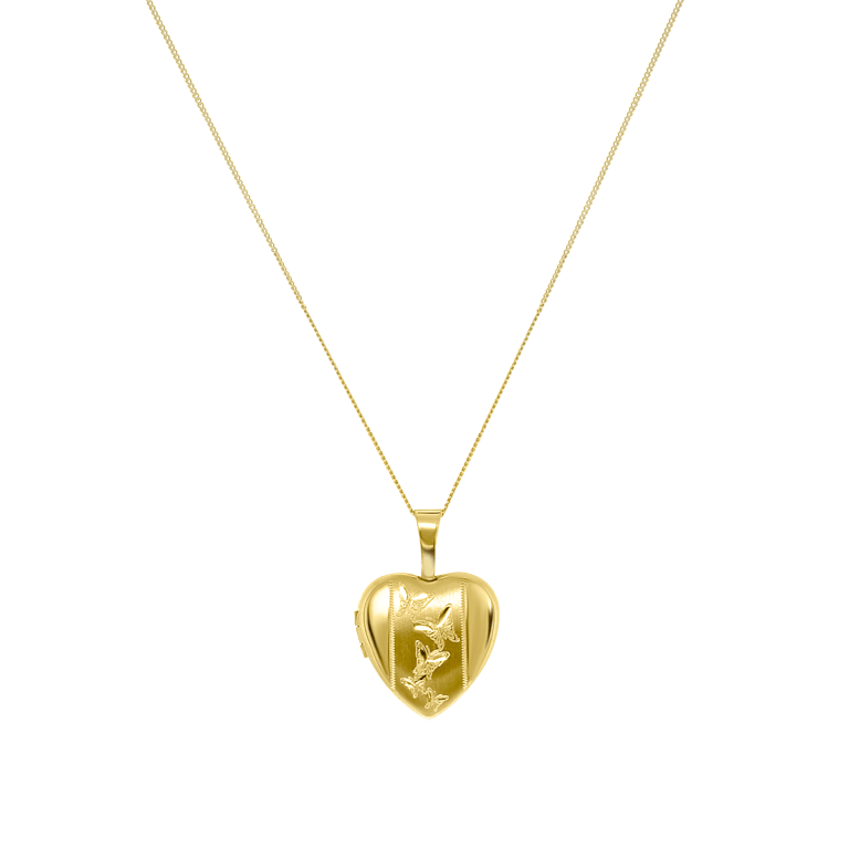 Halskette aus 375 Gold, Herzmedaillon mit Schmetterlingen