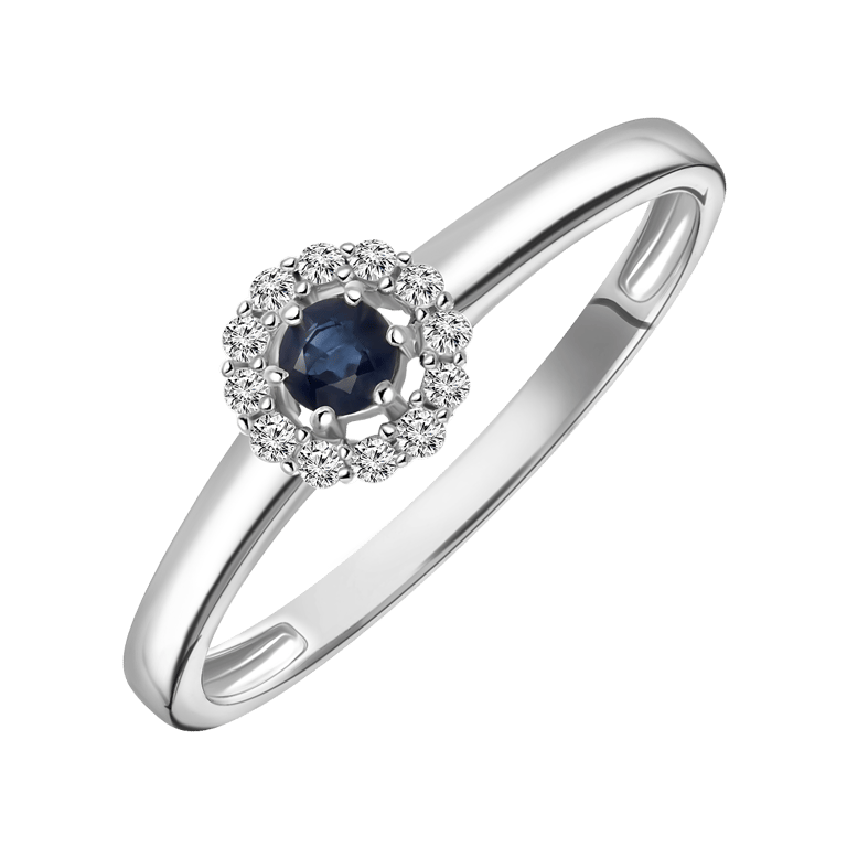 14K Witgouden ring saffier en 12 diamanten 0.08ct