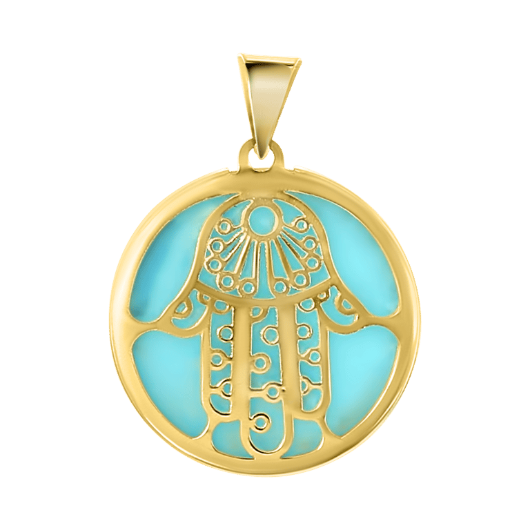 14 Karaat geelgouden hanger hamsa aqua emaille