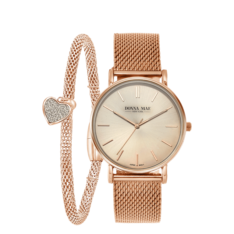 Stalen roséplated cadeauset met horloge met kristal voor dames