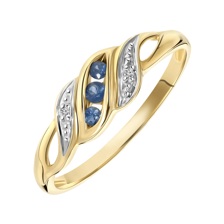 14 karaat geelgouden ring met saffier en diamant 0,11ct