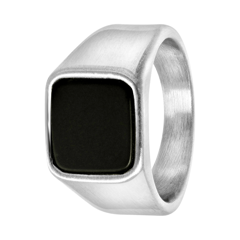 Gerecycled stainless steel heren zegelring met black agate