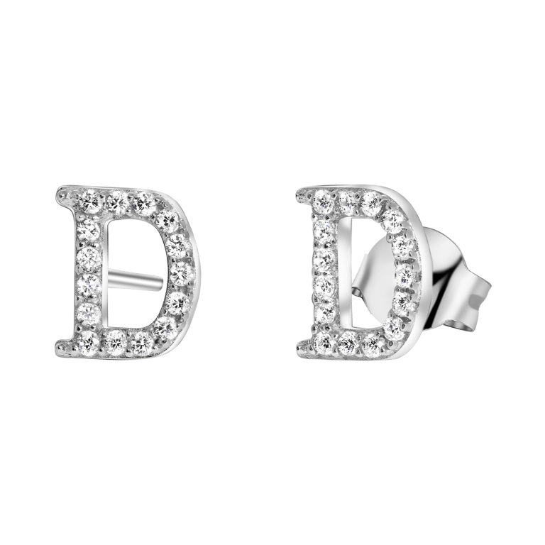 Zilveren oorknoppen alfabet met zirkonia voor dames