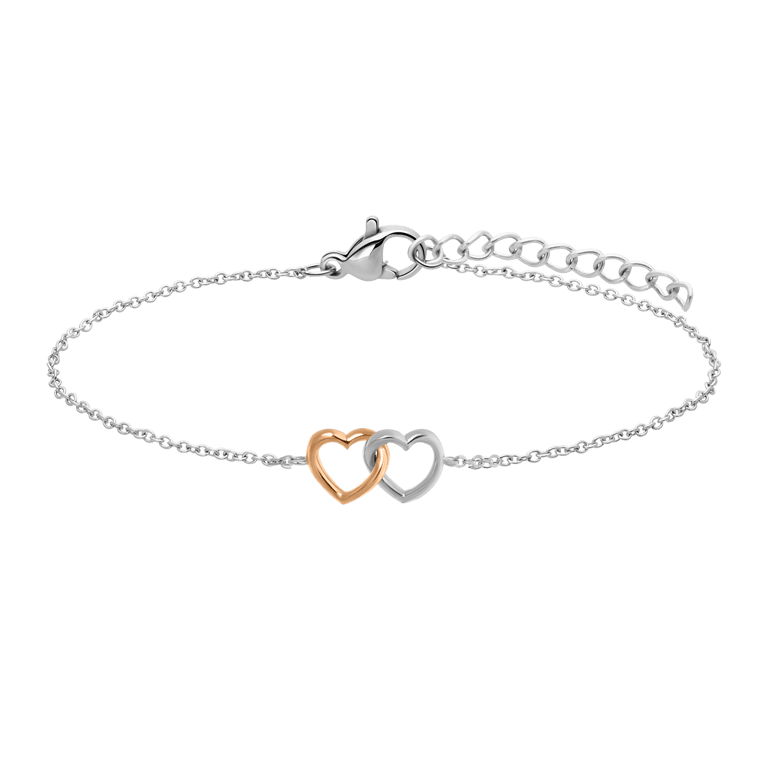 Silberarmband, 2 Herzen, silber/rosé