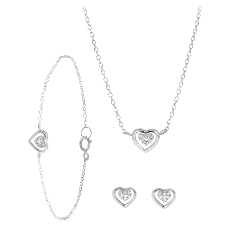 Schmuckset aus Sterlingsilber, Doppelherz mit Zirkonia