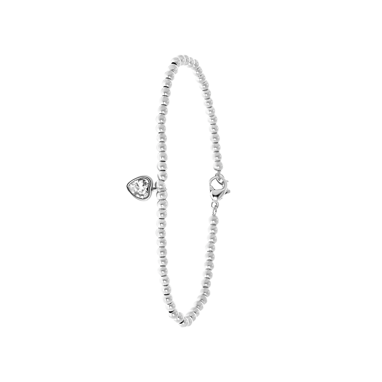 Armband aus Edelstahl, Kugelkette/Herz, weißer Kristall