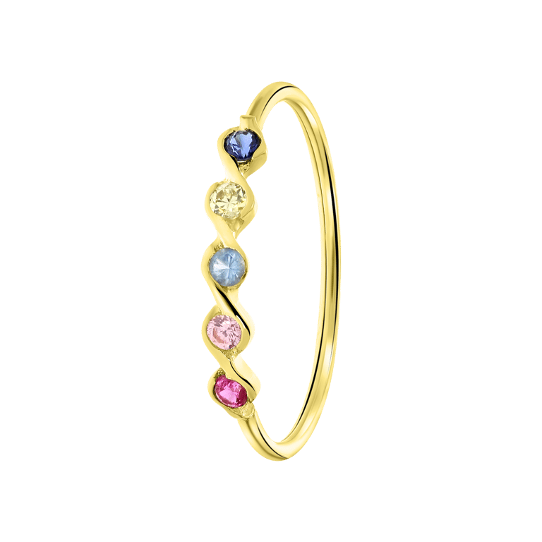 14 karaat geelgouden ring 5 multicolor zirkonia's