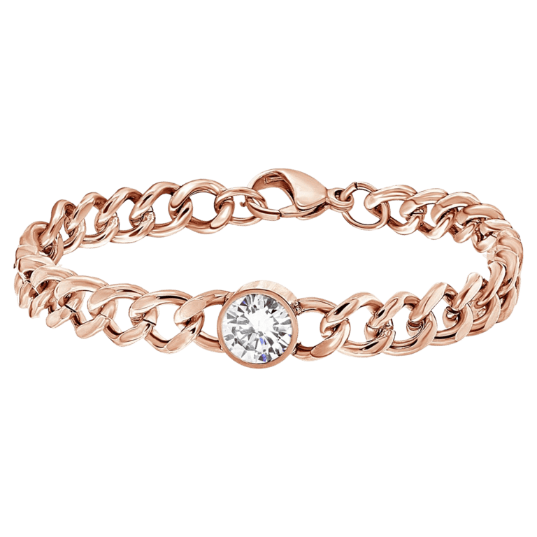 Stalen roséplated schakelarmband met zirkonia voor dames