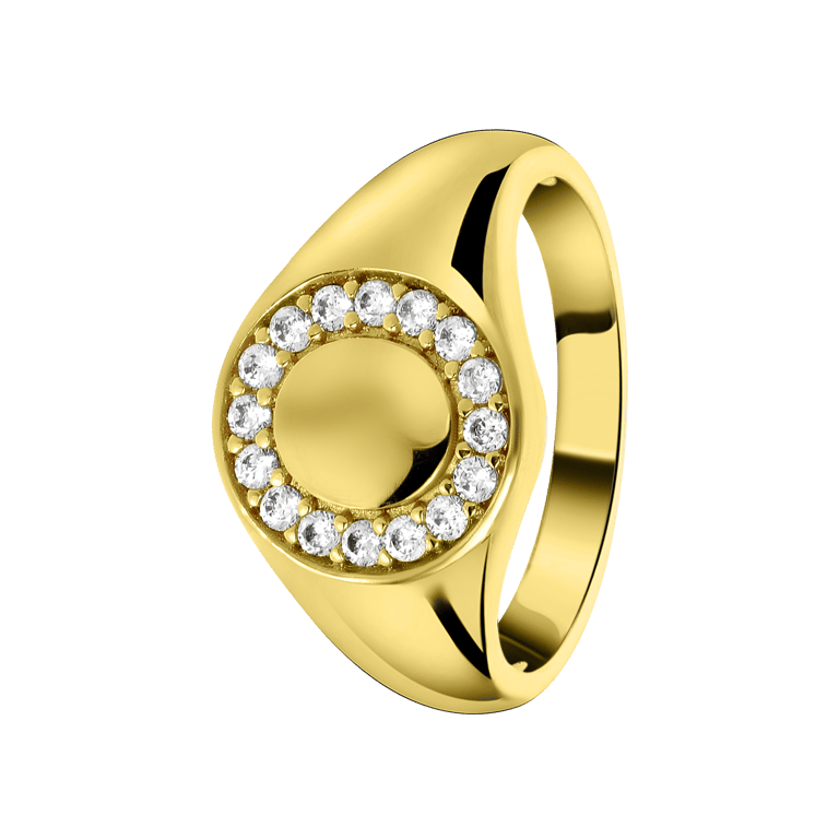 Goldplated zegelring rond met zirkonia