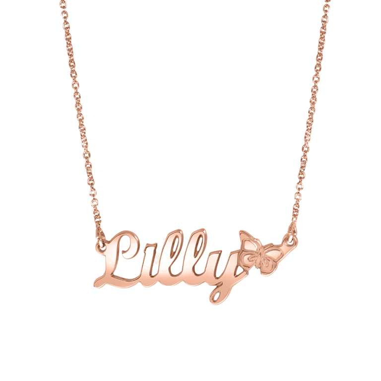 Zilveren roséplated kindernaamkinderketting met hanger vlinder