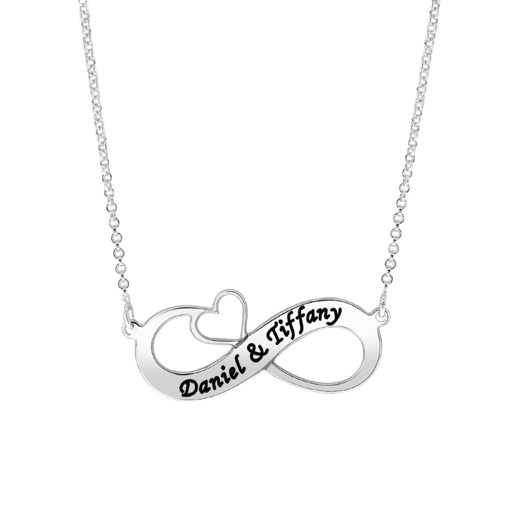 Zilveren ketting infinity+hart zwarte gravering