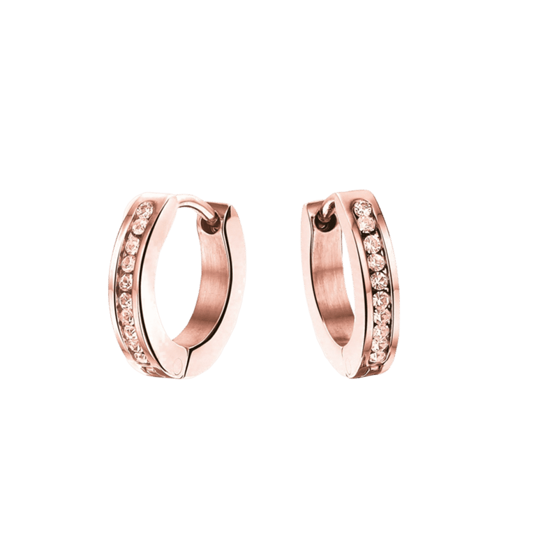 Stalen roséplated kinderoorringen met rose light peach kristal