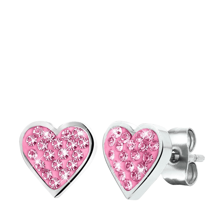 Stalen kinderoorbellen hart met light pink kristal