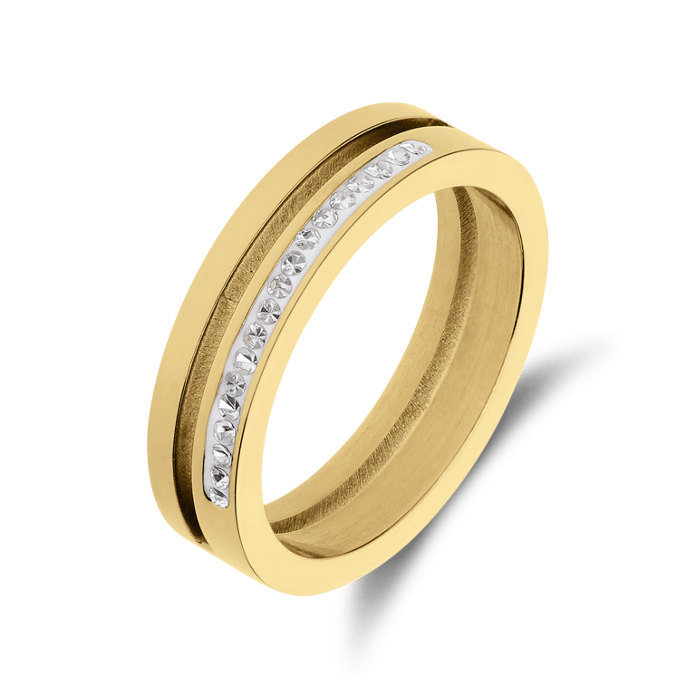 Stainless steel ring goldplated 2rij met kristal